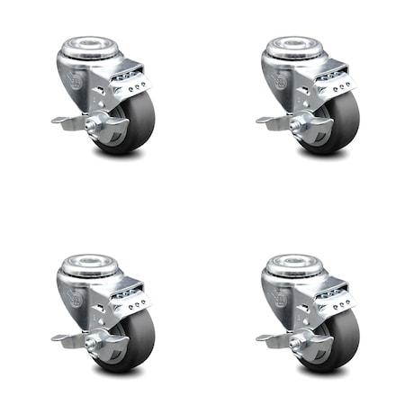 Service Caster 3 Inch Thermoplastic Rubber Wheel Swivel Bolt Hole Caster Set with Brake SCC SCC-BH20S314-TPRB-TLB-4